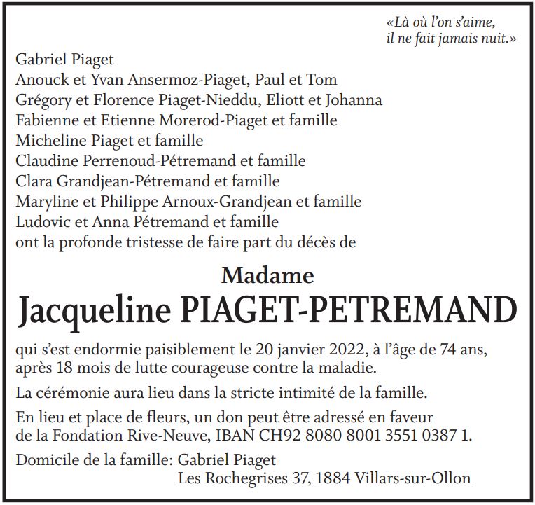 Madame Jacqueline PIAGET PETREMAND Pompes Fun bres de St Laurent